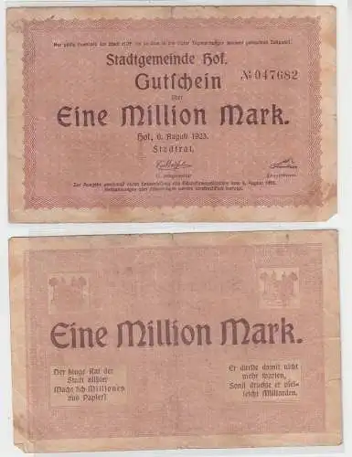 1 Million Mark Banknote Inflation Stadtgemeinde Hof 6.August 1923 (112255)