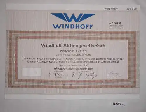 50 Mark zwanzig Aktien Windhoff AG Rheine September 1993 (127696)