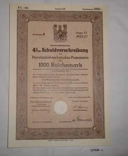 1000 RM Schuldverschreibung Provinzialverband Pommern 27. Sept. 1941 (127528)