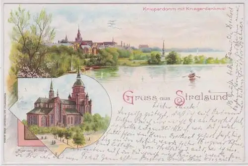 900376 AK Gruss aus Stralsund - Knieperdamm mit Kriegerdenkmal, Marien-Kirche