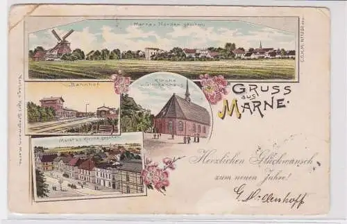 93703 AK Gruss aus Marne - Kirche, Bahnhof, Markt und Glockenhaus 1897