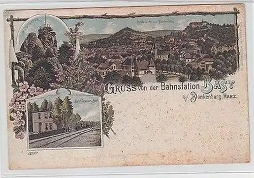 62468 Ak Lithographie Gruß von der Bahnstation Bast bei Blankenburg Harz um 1900