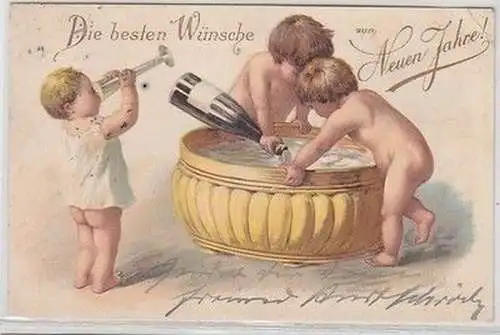 16868 Neujahrs Präge Ak 3 Kinder baden in Sekt 1903