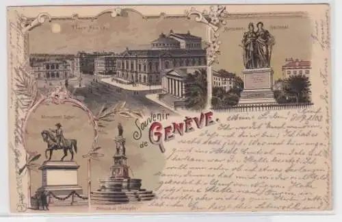 09898 Ak Lithographie Souvenir de Genève Genf National- und Dufour Denkmal 1903