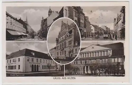 70342 Mehrbild Ak Gruß aus Hilden Stadt Sparkasse, Ober Realschule usw. 1940