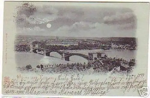 08719 Mondscheinkarte Gruß aus Koblenz Rheinbrücke 1899