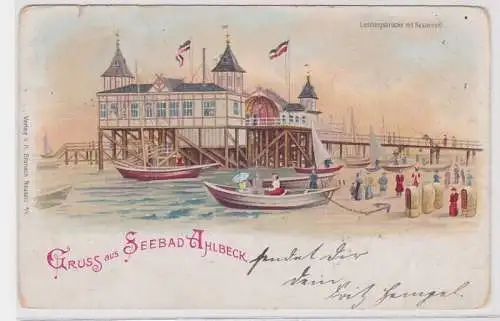 94410 Ak Lithographie Gruß aus Seebad Ahlbeck Landungsbrücke mit Restaurant 1903