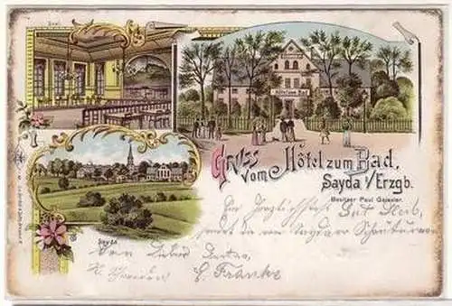 10466 Ak Lithographie Gruß vom Hotel zum Bad Sayda im Erzgebirge 1903