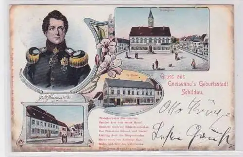 89932 AK Gruss aus Gneisenau's Geburtsstadt Schildau, Marktplatz & Apotheke 1905