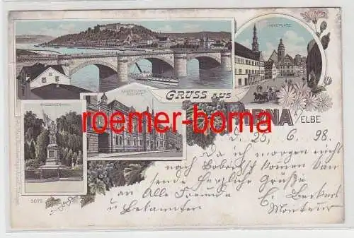 83622 Ak Lithografie Gruss aus Pirna a. Elbe Markt, Post, Brücke usw. 1898