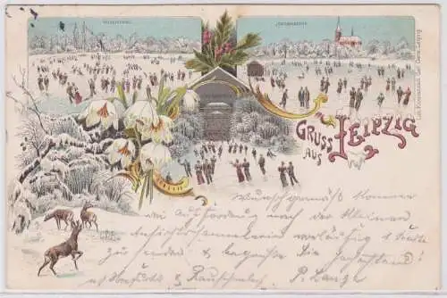 88471 Lithografie AK Gruss aus Leipzig - Winter im Rosenthal & Johannapark 1899