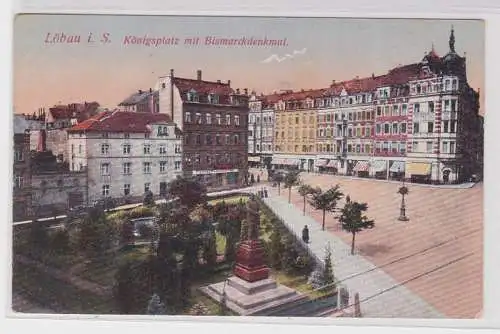 89067 Ak Löbau in Sachsen Königsplatz mit Bismarckdenkmal 1919