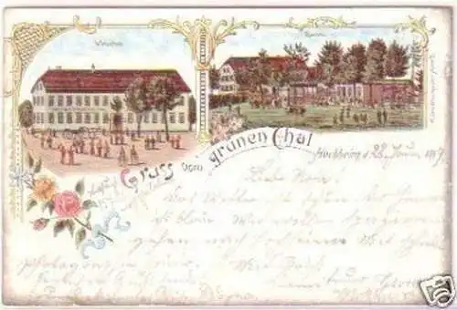 28686 Ak Lithografie Gruss v. grünen Thal Hochheim 1899