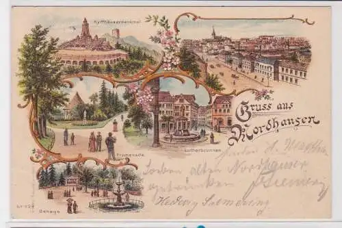 83456 AK Gruss aus Nordhausen - Kyffhäuserdenkmal Promenade & Lutherbrunnen 1897