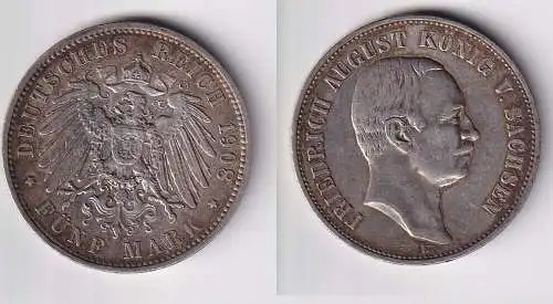 5 Mark Silbermünze Sachsen König Friedrich August 1908 Jäger 136 ss+ (125959)