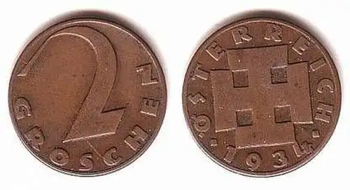 2 Groschen Kupfer Münze Österreich 1934