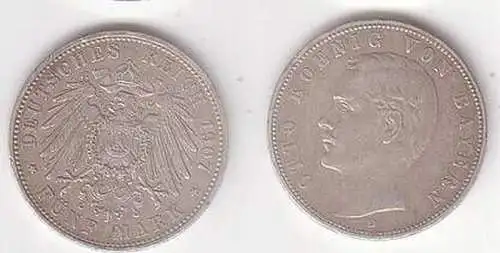 5 Mark Silber Münze Bayern König Otto 1907 D