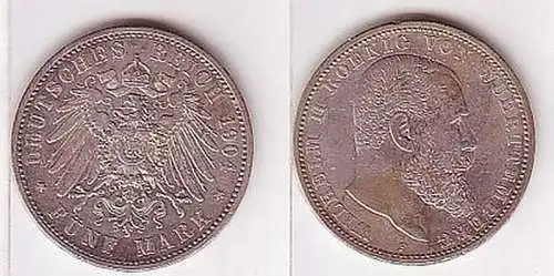 5 Mark Silber Münze Württemberg König Wilhelm II 1904