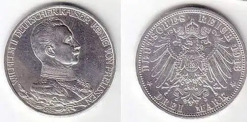 3 Mark Silber Münze Preussen Kaiser Wilhelm II 1913 A