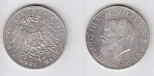 3 Mark Silber Münze Bayern König Ludwig III 1914