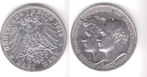 3 Mark Silbermünze Sachsen Weimar Eisenach 2. Hochzeit 1910 Jäger 162 (111530)