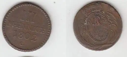 3 Pfennige Kupfer Münze Sachsen 1802 C f. ss