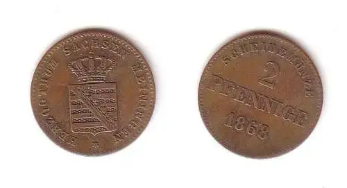 2 Pfennige Kupfer Münze Sachsen Meiningen 1868 ss