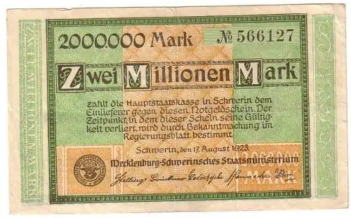 2 Millionen Mark Inflations Banknote Mecklenburg Schwerin 7. August 1923