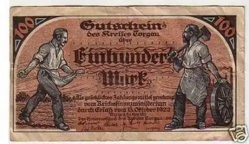 Banknote 100 Mark Inflation Kreis Torgau 1922