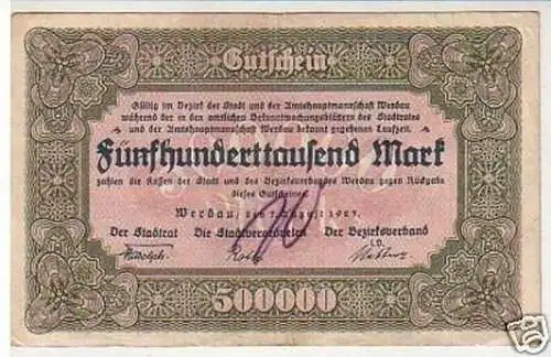 Banknote 500000 Mark Inflation Stadt Werdau 1923