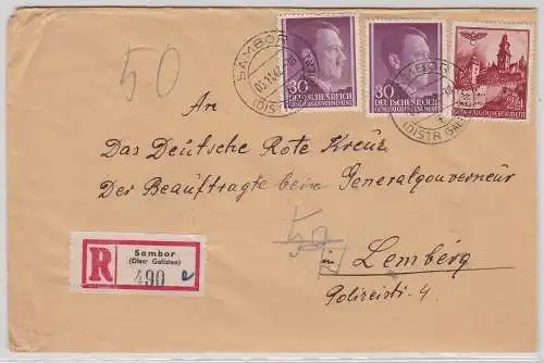 907929 R-Brief mit Briefmarken Generalgouvernement Sambor Distrikt Galizien 1942