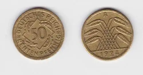 50 Rentenpfennig Messing Münze Weimarer Republik 1924 A Jäger 310 (137389)