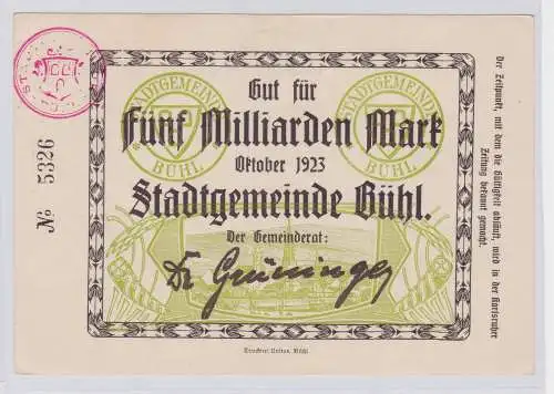 5 Milliarden Mark Banknote Stadtgemeinde Bühl Oktober 1923 (126212)