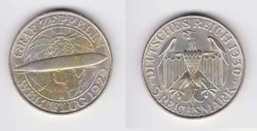 Silber Münze 3 Mark Graf Zeppelin Weltflug 1929 D f.vz (156066)