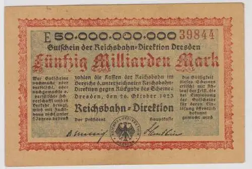 50 Milliarden Mark Banknote Dresden Reichsbahndirektion 26.10.1923 (107365)