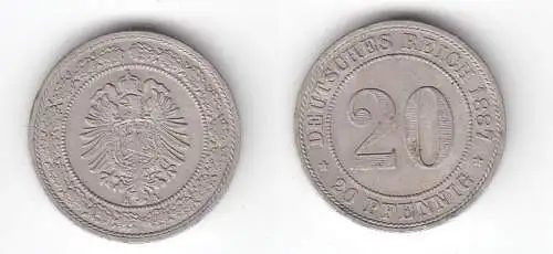 20 Pfennig Nickel Münze Kaiserreich 1887 A, Jäger 9  f.vz (165726)