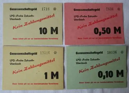 4 Banknoten 0,10 bis 10 Mark DDR LPG Geld "Frohe Zukunft" Utenbach  (150222)