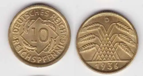 10 Reichspfennig Messing Münze Deutsches Reich 1936 D Jäger 317 Stgl.(140275)