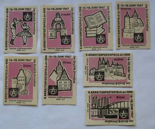 8x Streichholzetikett Serie 9. Arbeiterfestspiele der DDR Dresden 1967 (123734)