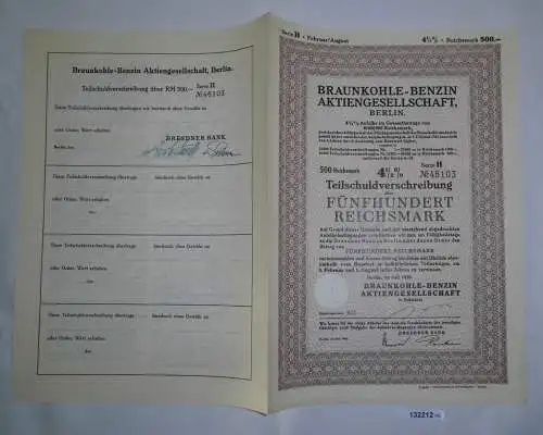 500 Mark Aktie Braunkohlen Benzin AG Berlin Juli 1938 (132212)