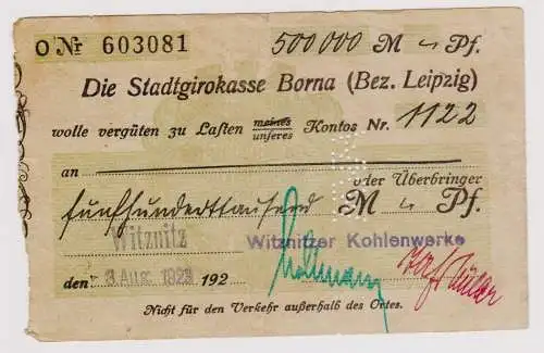 Firmenscheck 500000 Mark Banknote Stadtgirokasse Borna 3.8.1923 (120890)