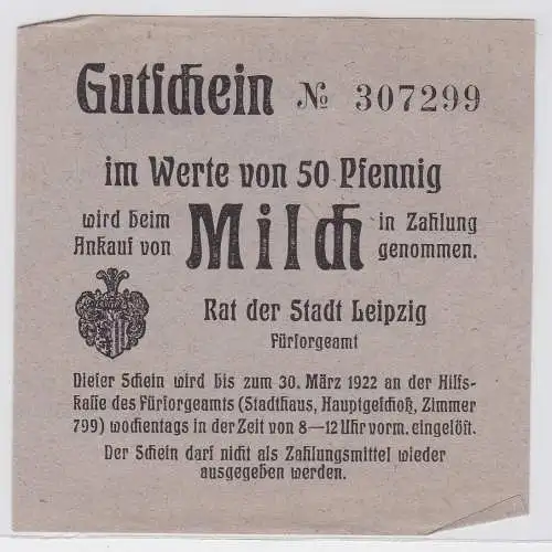 50 Pfennig Lebensmittel Gutschein Stadt Leipzig 30.03.1922 (120362)