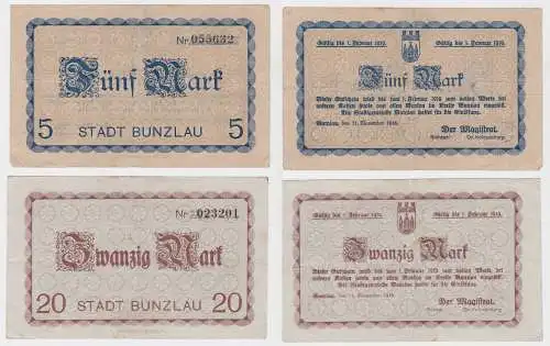 5 & 20 Mark Banknoten Notgeld Stadt Bunzlau 11.November 1918 (133148)