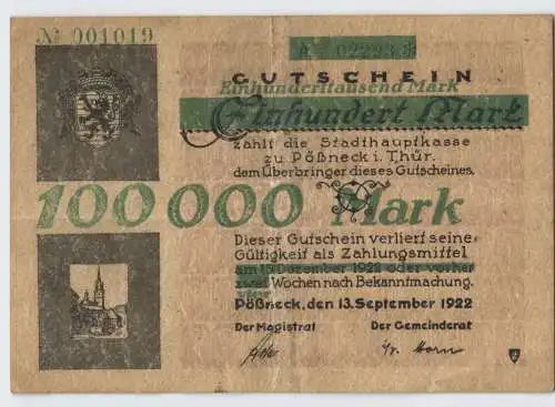 100000 Mark Banknote Gemeinde Pössneck 13.09.1923 (129217)