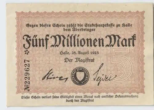 5 Millionen Mark Inflation Banknote Stadthauptkasse Halle 1923 (129212)