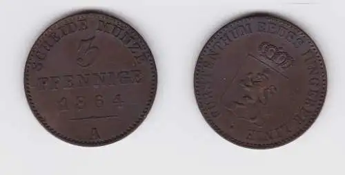 3 Pfennig Kupfer Münze Reuss jüngere Linie 1864 A f.vz (151381)