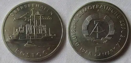 DDR Gedenk Münze 5 Mark Überseehafen Rostock 1988 Stempelglanz (156712)