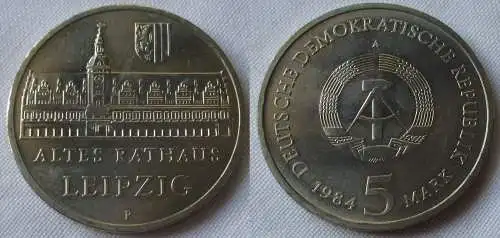 DDR Gedenk Münze 5 Mark Leipzig Altes Rathaus 1984 Stempelglanz (157015)