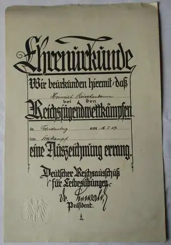 Ehrenurkunde Reichsjugendwettkämpfe 1927 Reichsausschuss Leibesübungen (112691)