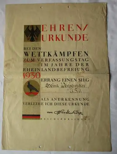 Ehren-Urkunde Wettkämpfe zum Verfassungstag 1930 Rheinlandbefreiung (116698)